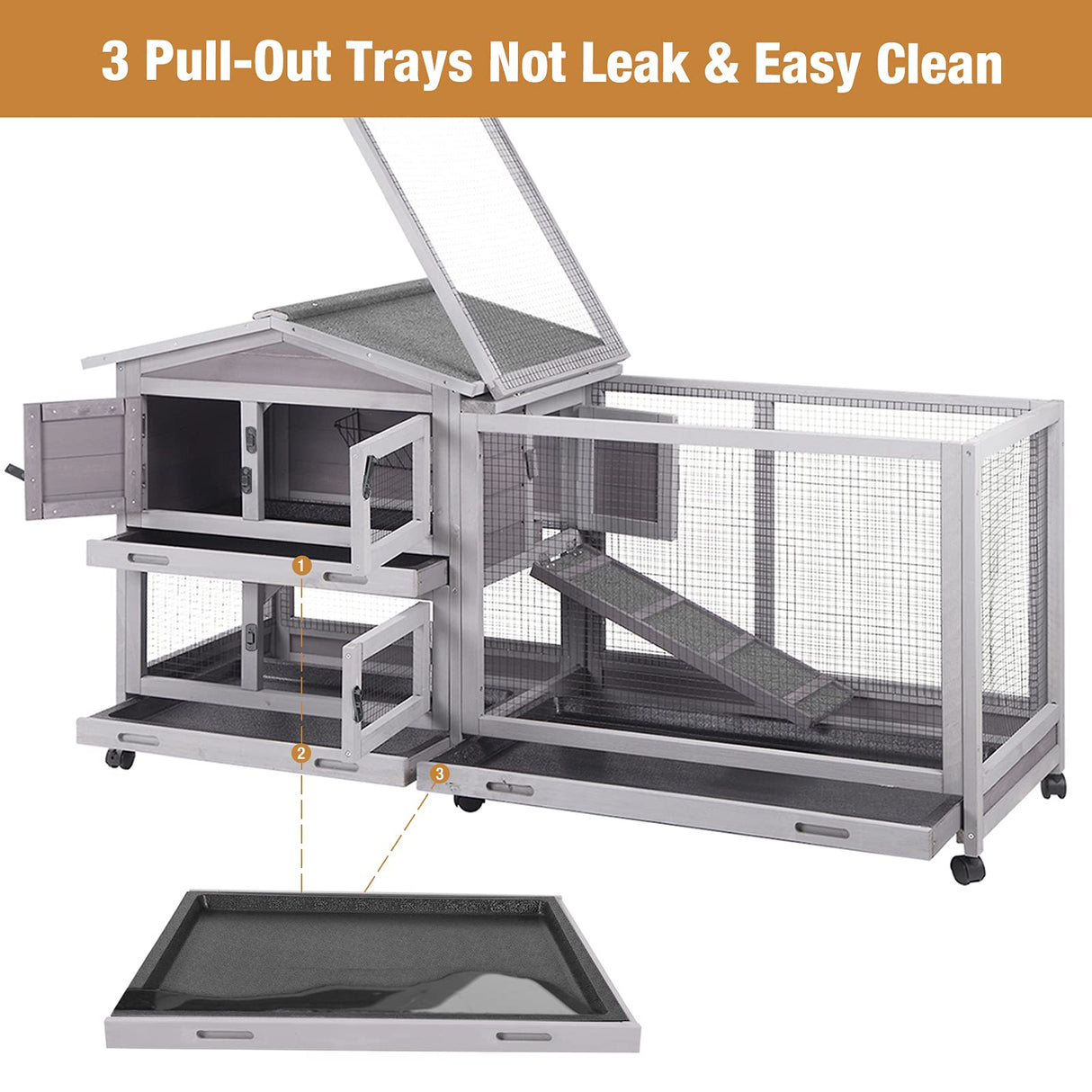 Bunny Cage Indoor and Outdoor Rabbit Hutch with Casters Waterproof Roof, Pull Out Tray from Back and Front GUTINNEEN