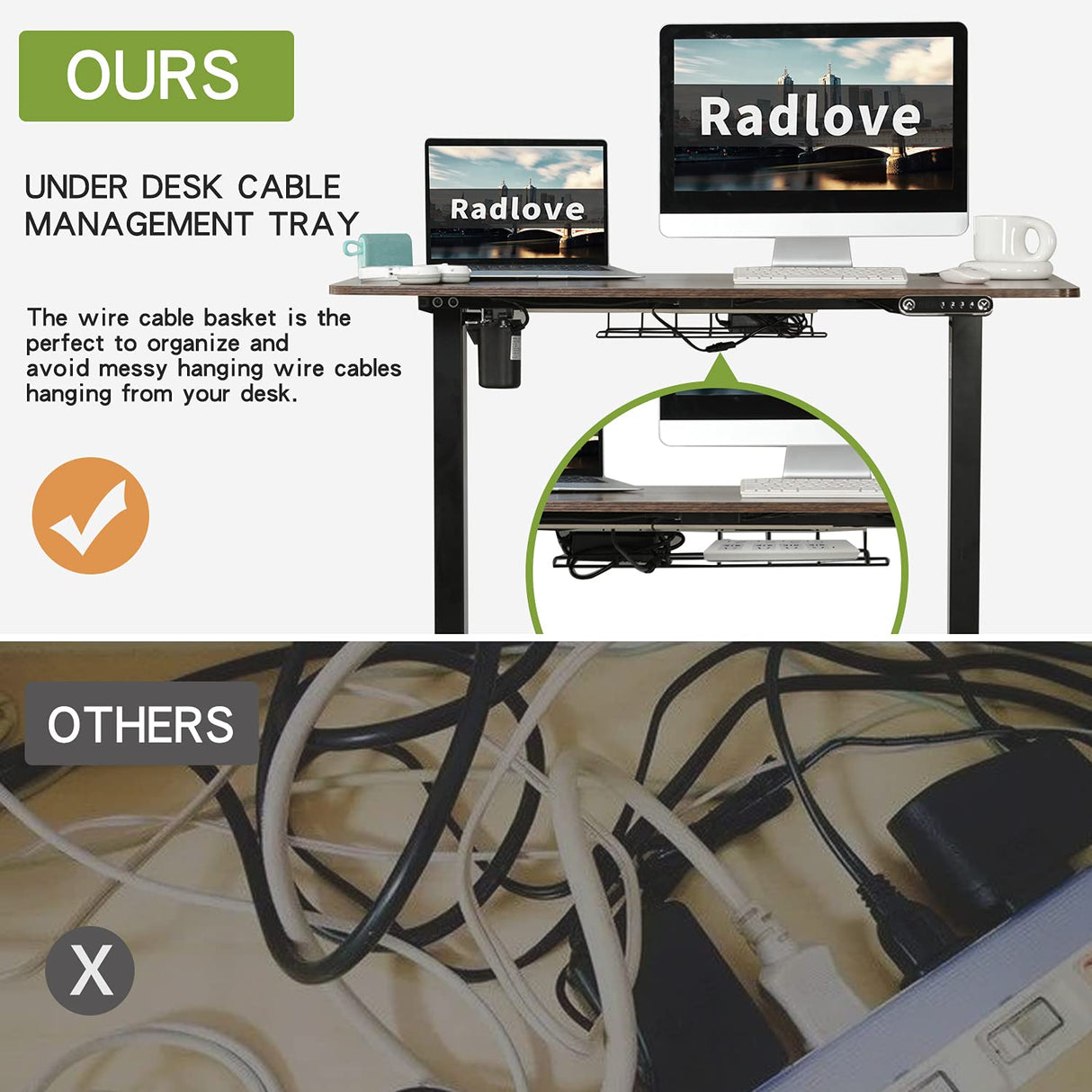 Radlove Electric Standing Desk, 48x24 Inches Height Adjustable Computer Desk Sit Stand Desk Home Office Desks with Splice Board and A Under Desk Cable Management Tray (Rustic Brown, 48 x 24'') Radlove