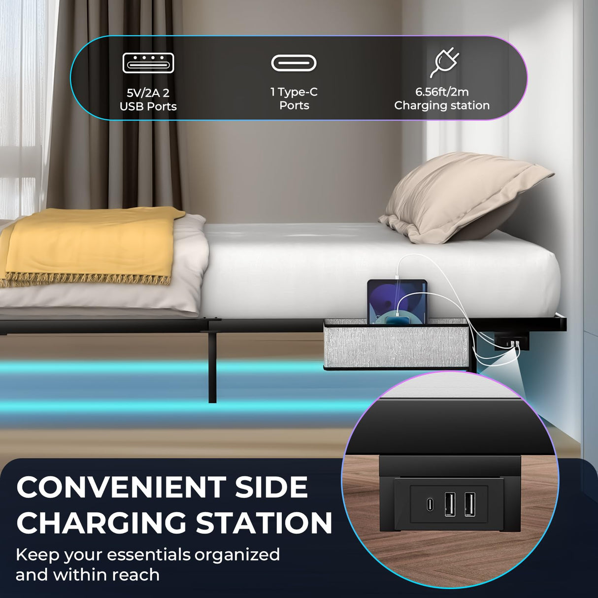 Tatub King Floating Bed Frame with LED Lights & Charging Station - Modern Platform Bed with Bedside Caddy Tatub