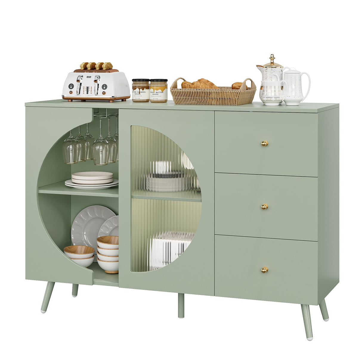 FACBOTALL Coffee Bar Cabinet with Fluted Glass Door, Modern Cream Style Buffets & Sideboards with Wine Glass Rack, Buffet Cabinet with Storage for Dining Room, Living Room, Green FACBOTALL