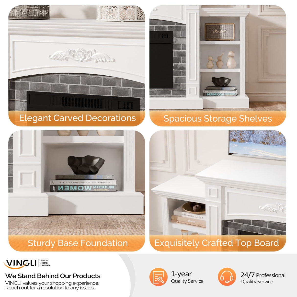 VINGLI 70'' Electric Fireplace with Mantel, Fireplace TV Stand for TVs Up to 90'', Media Entertainment Center Console Table with Storage & Adjustable Shelves for Living Room and Bedroom, Shined White VINGLI