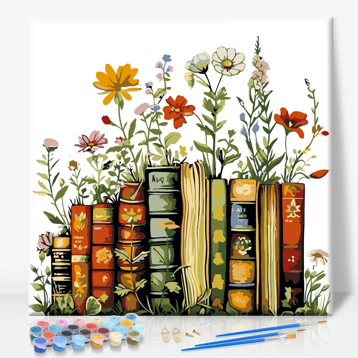 Framed Paint by Numbers Kit for Adults Beginner & Kids Ages 10-13, Books Easy Paint by Numbers with Frame, Flowers Acrylic Adult Painting by Number Kits on Canvas Framed for Gift Decor 10 x 10 Inch Camocin