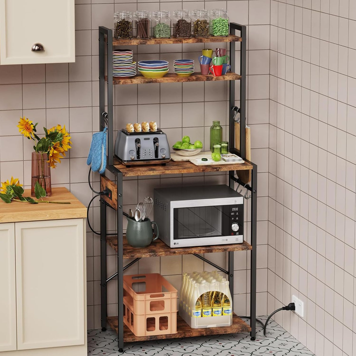 Amosic Kitchen Bakers Rack with Power Outlet, 5 Tiers Coffee Bar Table, Kitchen Microwave Stand with 6 S-shaped Hooks, Kitchen Storage Shelf Rack for Spices, Pots, Rustic Brown Amosic