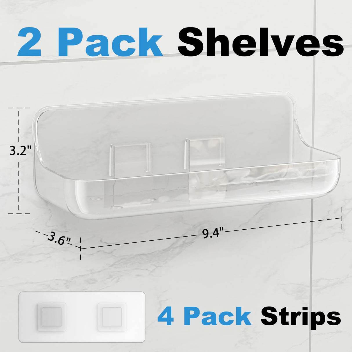Kawfle Adhesive Shower Caddy, 2 Pack Acrylic Bathroom Shelves, No Drill Wall Mount Organizer Storage Shelf Kawfle