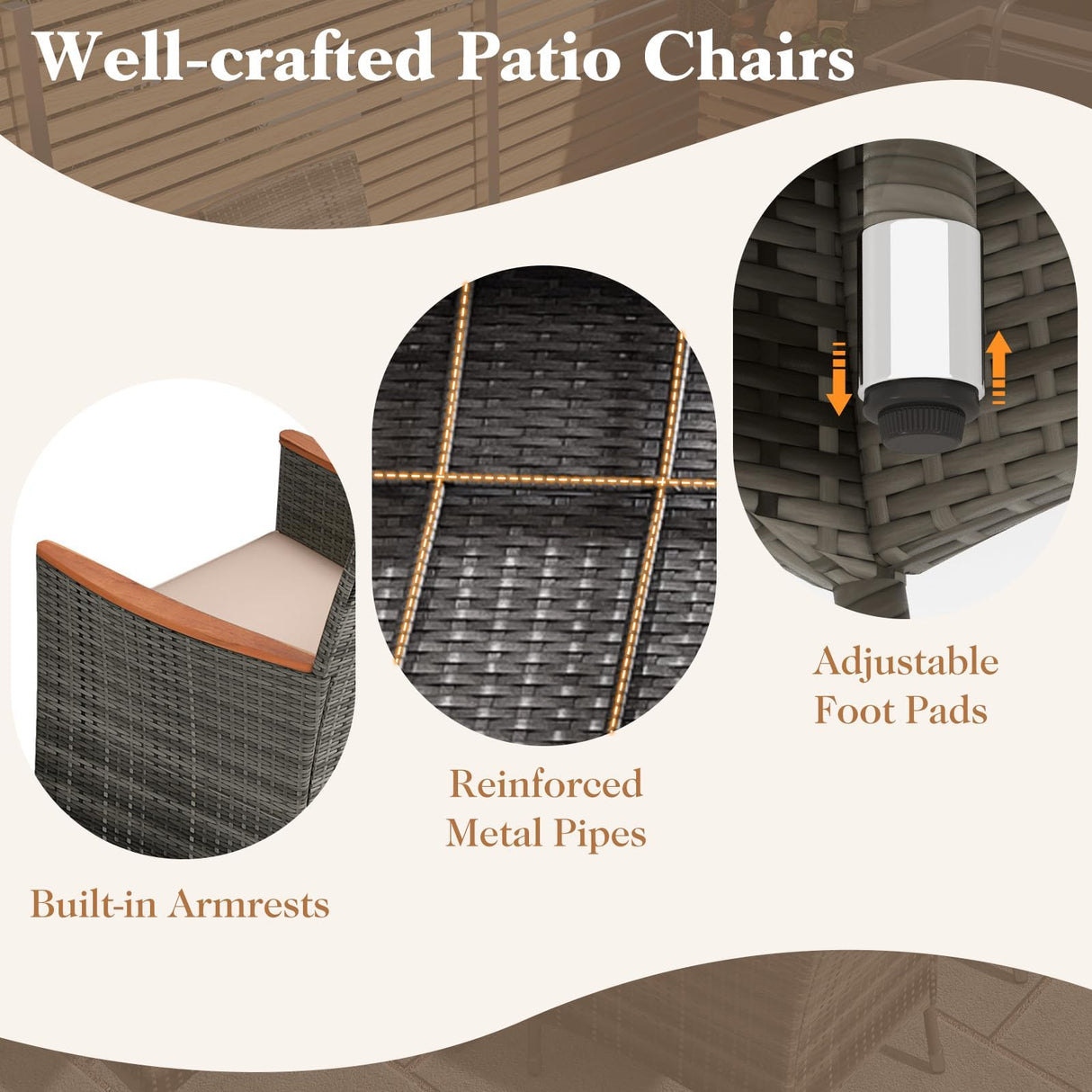 HAPPYGRILL 7 Piece Patio Rattan Dining Set Outdoor Wicker Chair & Table Set, Acacia Wood Tabletop & Armrests, Seat Cushions Included, Space-Saving Dining Set for Poolside Backyard Garden HAPPYGRILL