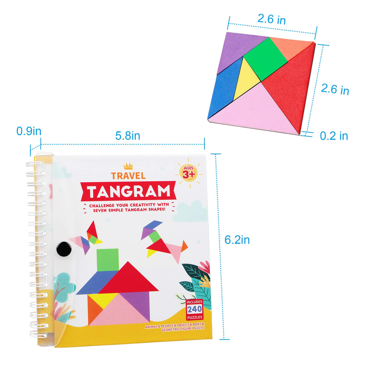 Vanmor Travel Tangram Puzzle - 3 Sets of Magnetic Tangram with 240 Solution - Montessori Shape Pattern Blocks Jigsaw Road Trip Games IQ Book Educational Toy Brain Teaser Gift for Kids Adults Challenge Vanmor