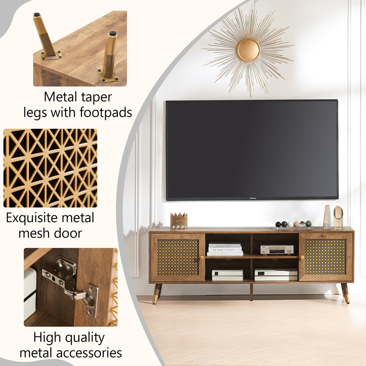 JYED DECOR Modern Entertainment Center for TVs up to 75 inches, Boho TV Console with Storage Cabinet and Open Shelves, Large TV Stand for Living Room, Bedroom, Office, Rustic JYED DECOR