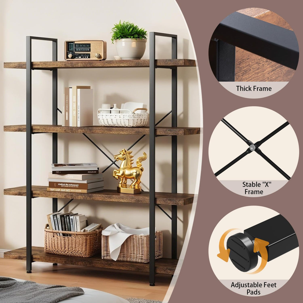 VKUCI 4 Tier Book Shelf, 47'' Wide Wood Industrial Bookshelf, 120lbs Shelf Capacity, Open Storage Shelves, 55'' Tall Heavy Duty Display Shelving, Rustic Brown Bookcase for Bedroom,Living Room,Office VKUCI