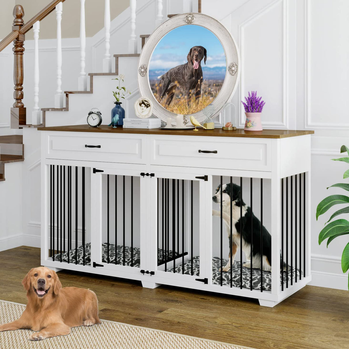 DAWNSPACES Furniture Style Dog Crate, 72" Large Wooden Dog Kennel with Drawers & Divider, Heavy Duty Indoor Dog Cage with Double Rooms for Large Medium Small Dogs, White DAWNSPACES