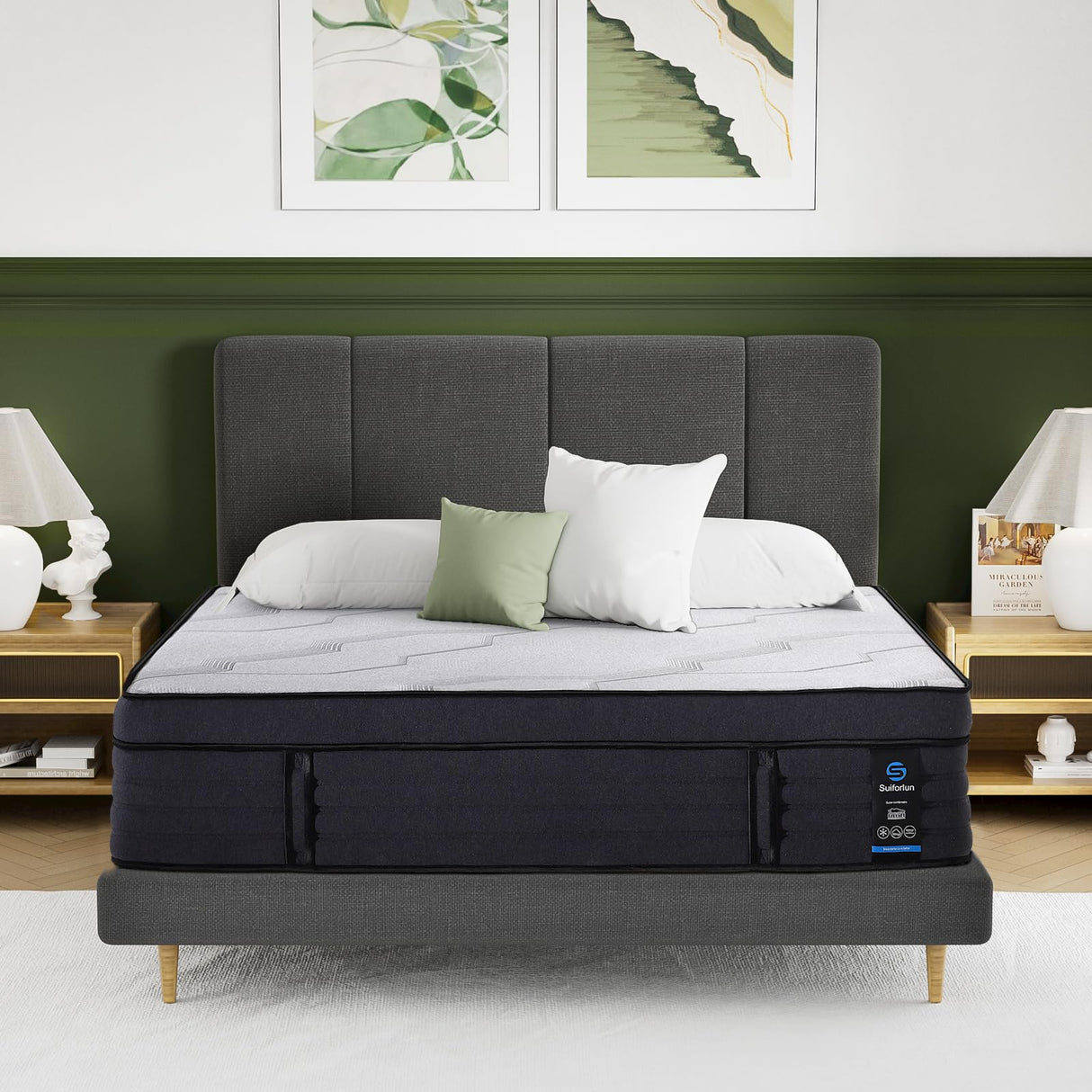 Suiforlun California King Mattress, 15 Inch Hybrid Charcoal Gel Memory Foam Mattress with Firm Edge Pocket Coils, Cooling Deep Sleep, Back Pain Relief, Fiberglassfree Suiforlun