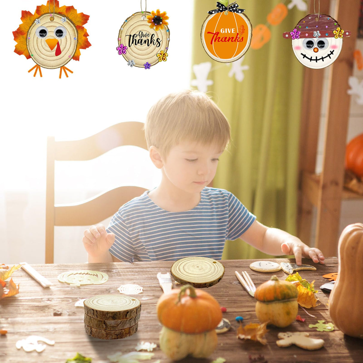 24 Set Fall Wooden Painting Crafts Kit,Unfinished Wood Slices with Holes Round Log DIY Crafts Hanging Ornaments Thanksgiving Fall Pumpkin Painting Kits Bulk for Classroom Activity DIY Art Projects Cinrobiye