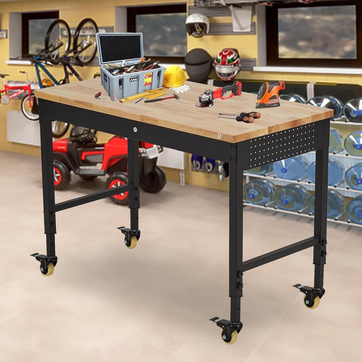48"x 24" Workbench for Garage, Rolling Heavy-Duty Worktable with Power Outlet and Lockable Wheels, Adjustable Height Rubber Wood Top Shop Table for Workshop, 2000LBS Load Capacity ElfinAura