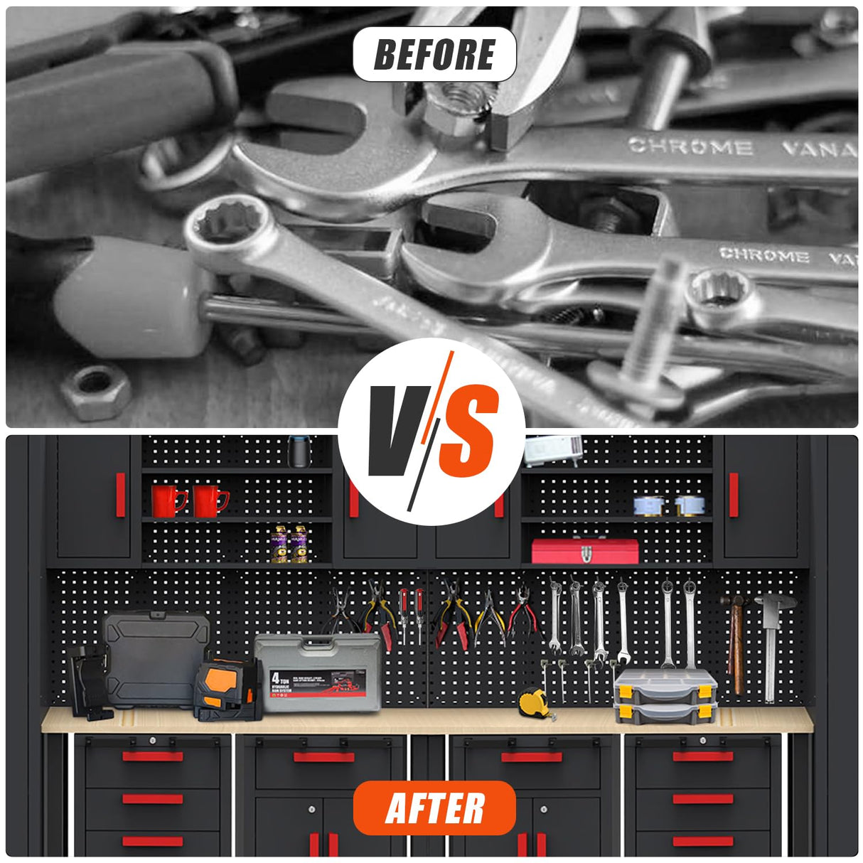 HPDMC Garage Storage Cabinet System - 2 * 6-Pcs Workshop Set with Steel Cabinet Drawers, Rolling Chest, Workbench, Pegboard for Tool Organization HPDMC