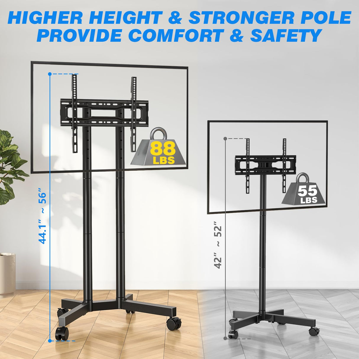 Rfiver Rolling TV Stand for 32-70 Inch TVs, Mobile TV Stand with Upgraded Wheels up to 88lbs, Height Adjustable Mobile TV Cart on Wheel, Portable TV Stand for Bedroom, Living Room, Home, Office Rfiver