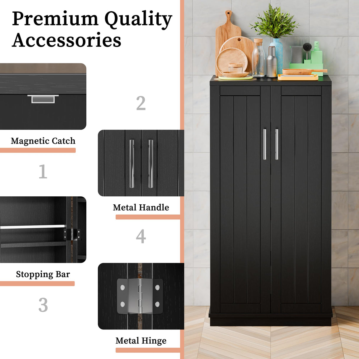 Meilocar 47in Kitchen Pantry Cabinet, Wood Kitchen Storage Pantry Cabinets Freestanding Pantry Cabinet with Doors & Adjustable Shelves, Pantry Cabinet for Kitchen, Living Room, Black Meilocar