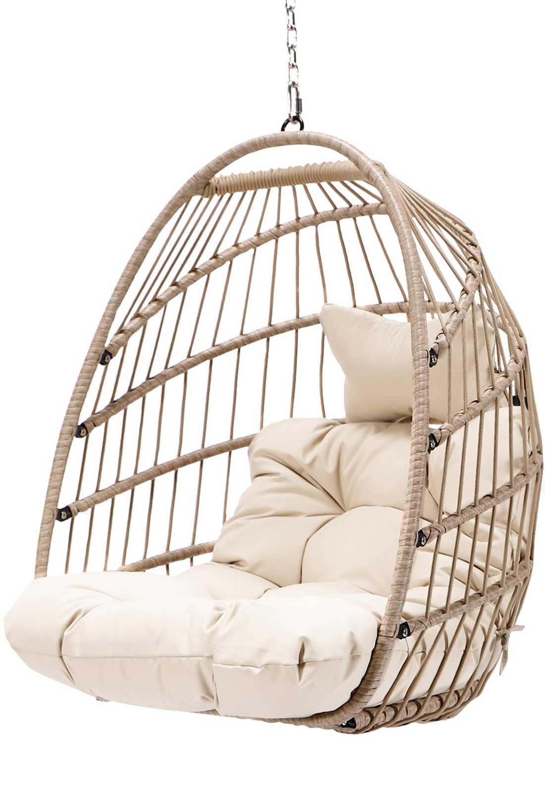 RADIATA Foldable Hanging Egg Chair Without Stand, Rattan Swing Chair with Cushion and Pillow, Wicker Hammock Chair for Indoor Outdoor Bedroom Patio Garden (Beige) RADIATA
