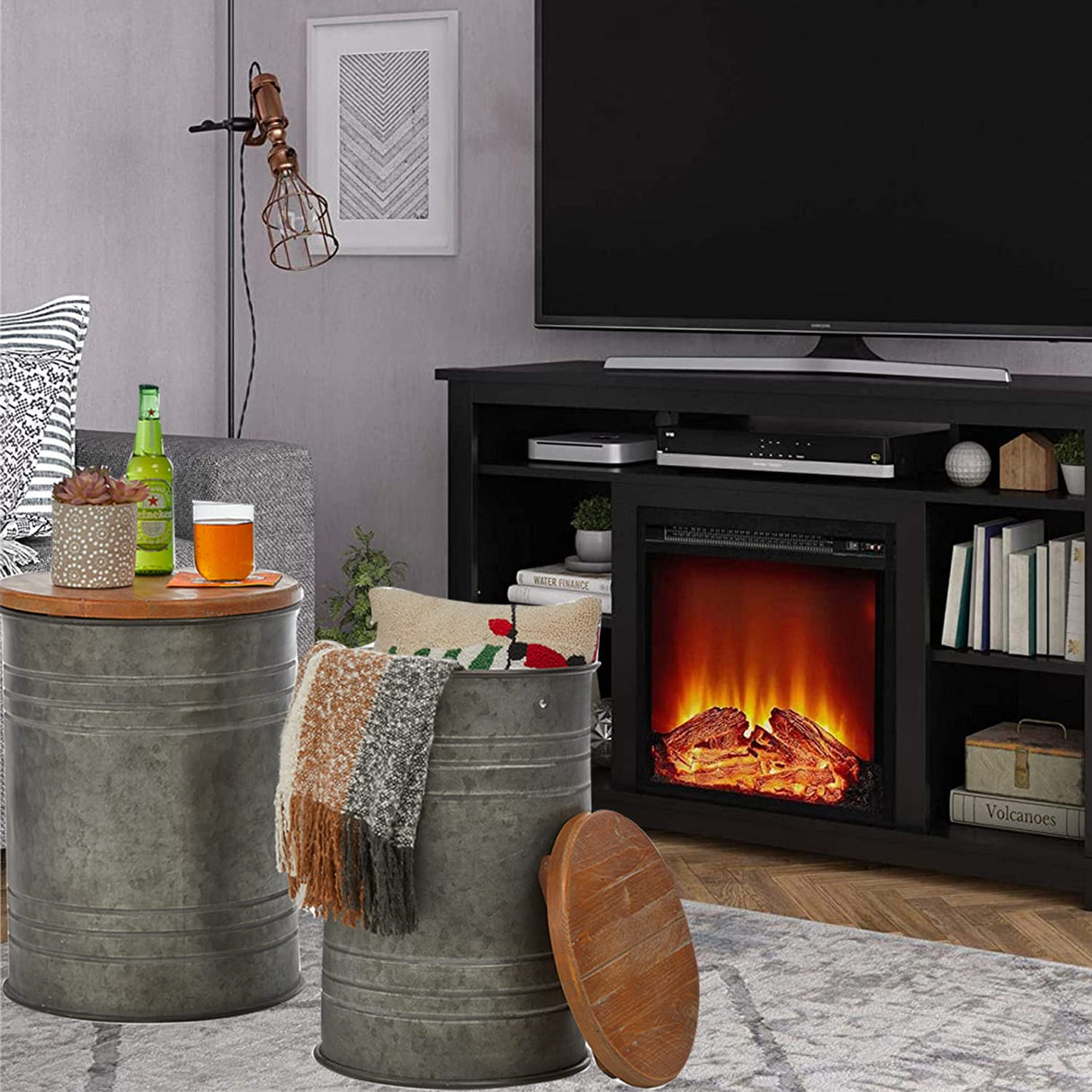 Glitzhome Rustic End Table Set of 2, Farmhouse Galvanized Metal Barrel Ottoman Storage Stool with Round Wood Lid for Living Room Furniture, Grey Glitzhome