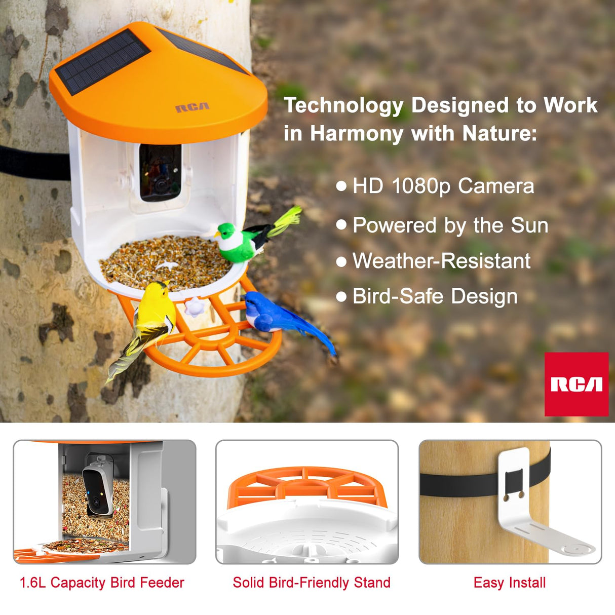 RCA Smart Bird Feeder with HD Camera – AI Bird Recognition Technology, Infrared Night Vision, Solar Powered, Two-Way Audio, Waterproof/Dustproof, WiFi-Enabled, Cloud Storage, App-Control RCA