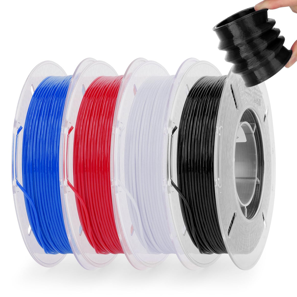 AMOLEN 3D Printer Filament, Flexible TPU Filament Bundle, 1.75mm TPU Filament Multicolor, Soft Filaments of High Elasticity, Supports High Speed, 200gX4 Spools(Black/White/Red/Blue) AMOLEN