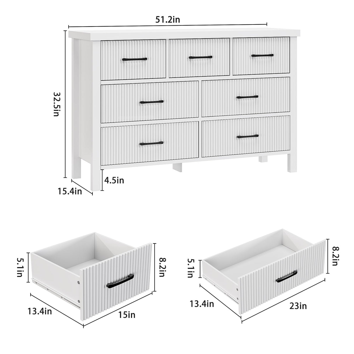 Jocoevol White Dresser 7 Drawer Dresser for Bedroom, Modern Fluted Dresser with Solid Wood Legs, Long Double Wooden Dresser Large Chest of Drawers for Living Room, Entryway, Hallway (White Fluted) Jocoevol