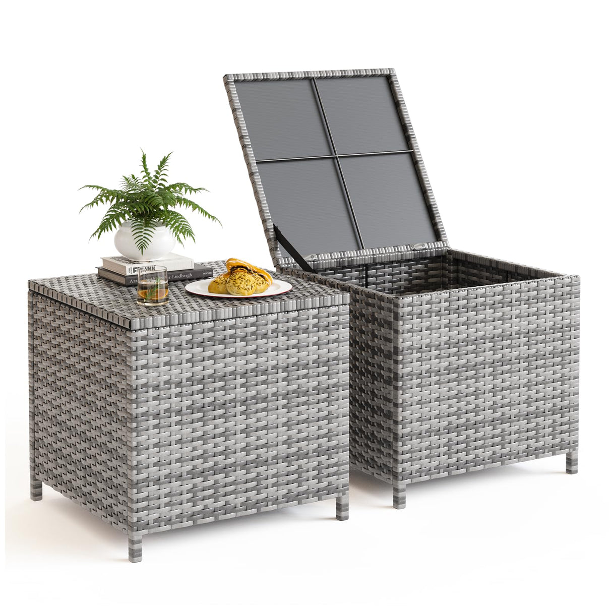 UDPATIO Outdoor Wicker Side Table with Storage Set of 2 Patio Rattan End Table Small Resin Square Container Coffee Table Backyard Pool for Furniture Covers, Toys and Gardening Tools (Grey) UDPATIO