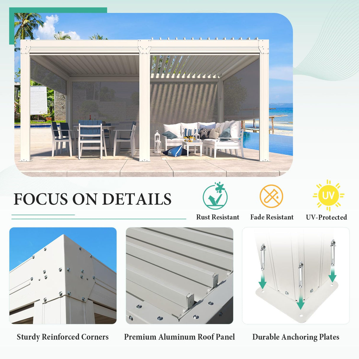 YOLENY Louvered Pergola and 6 Pull-Down Screens, 12x16FT All Aluminum Pergola with Adjustable Rainproof Roof, Outdoor Sun Shade Shelter for Patio, Weatherproof, White YOLENY