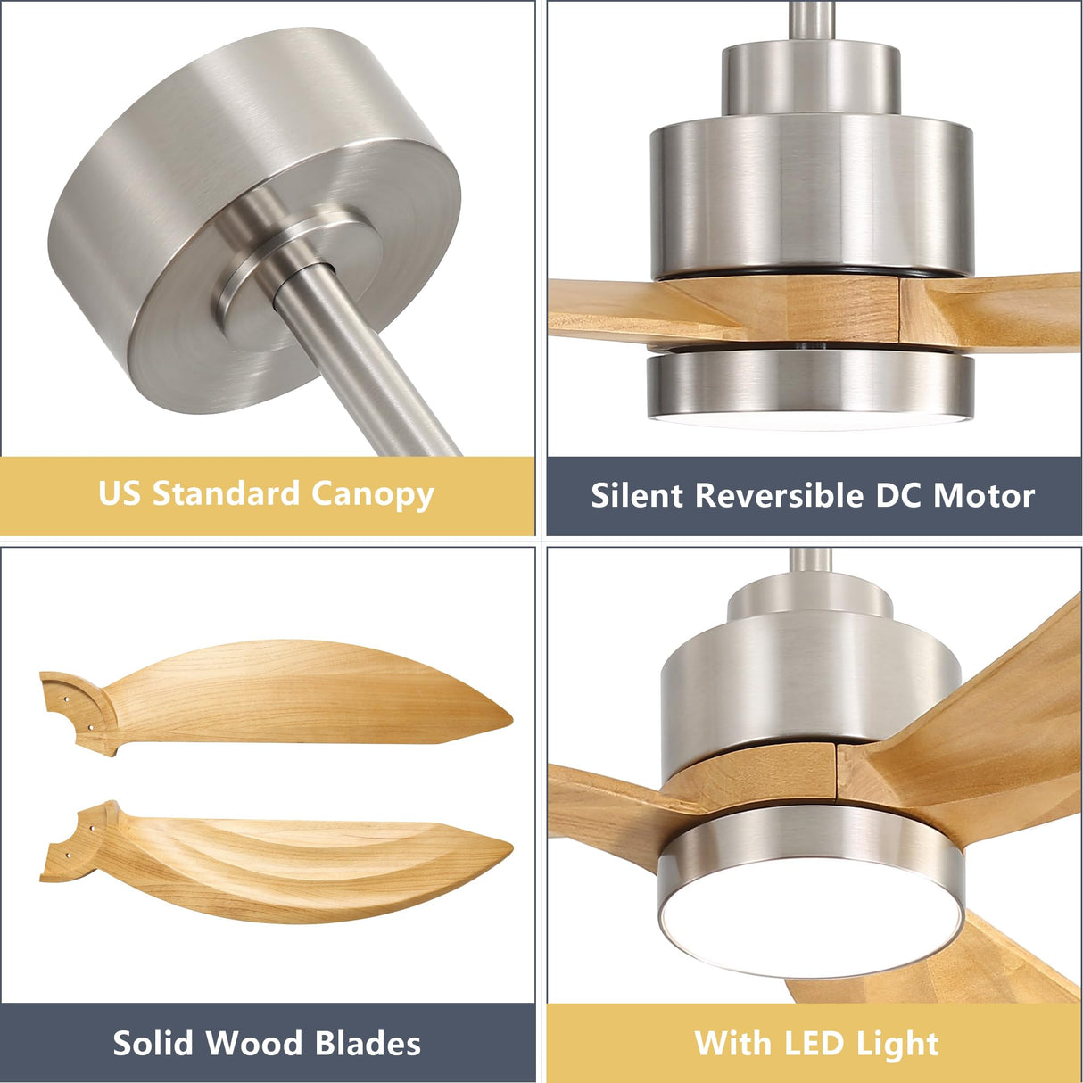 ELEHINSER 52" Wood Ceiling Fan with Lights and Remote Control, 3 Blades 6-Speed Dimmable Light Reversible DC Motor Ceiling fan for Kitchen Bedroom Dining Living Room, Wood Blades with Nickel ELEHINSER