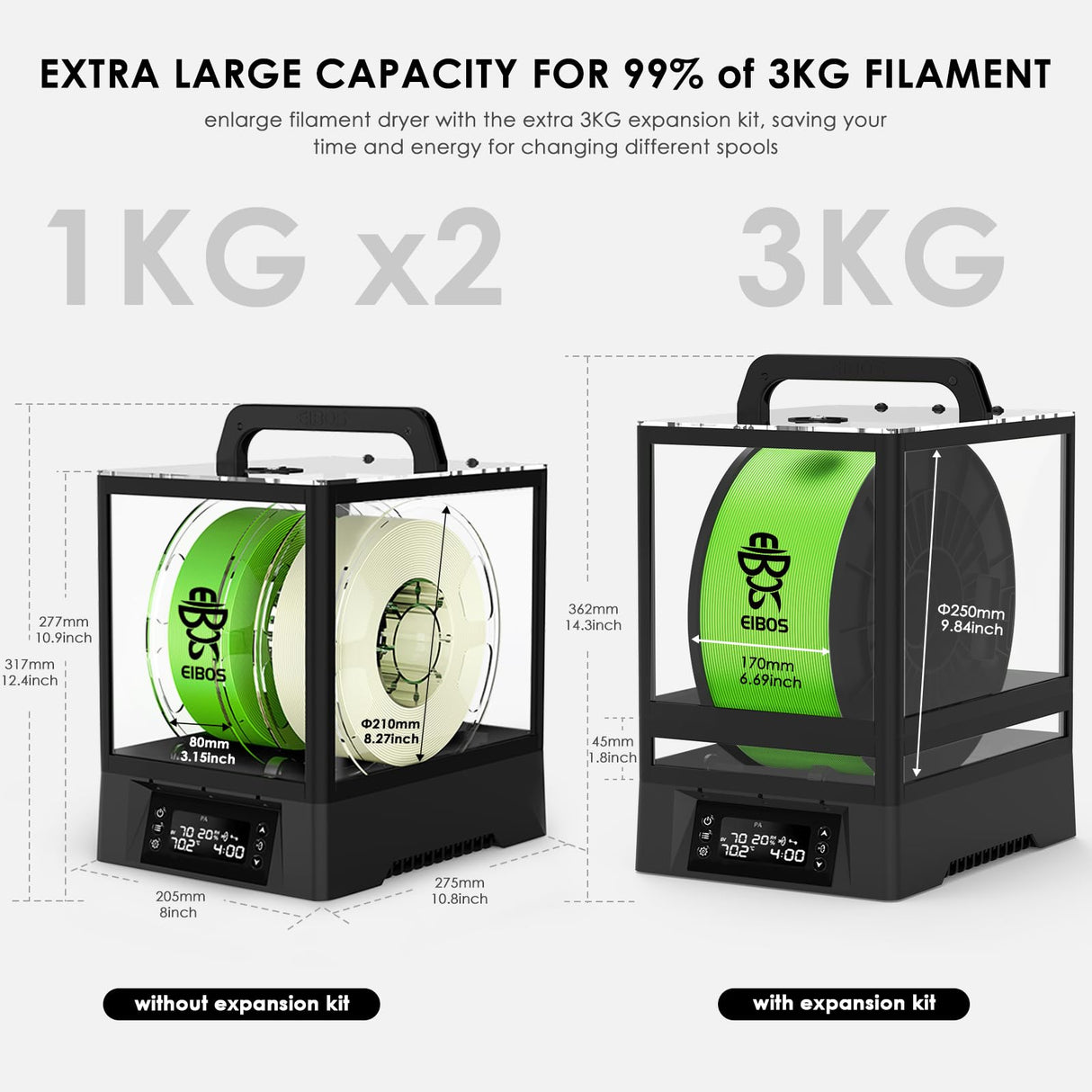 【EIBOS Official 】3D Printer Filament Dryer Box Polyphemus with Fan, Auto-Rotation, Auto-Humidity Control & Extra Large Space for 3KG Spools, 1.75mm 2.85mm 3.00mm Nylon, PLA, TPU, 360° Surround Heating EIBOS