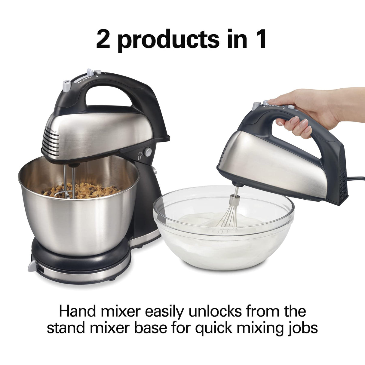 Hamilton Beach Classic Stand and Hand Mixer, 4 Quarts, 6 Speeds with QuickBurst, Bowl Rest, 290 Watts Peak Power, Black and Stainless Hamilton Beach