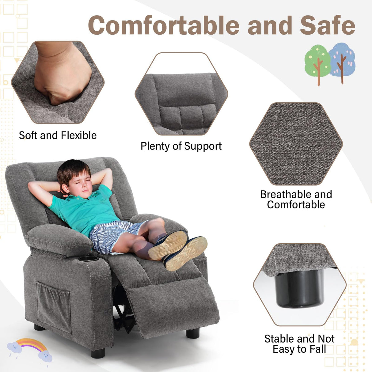 BOSMILLER Kids Recliner Chair, Push Back Toddler Recliner with Cup Holders & Side Pockets, Adjustable Footrest & Headrest Kids Sofa for Boys Girls 3+ Age Group (Light Brown) BOSMILLER