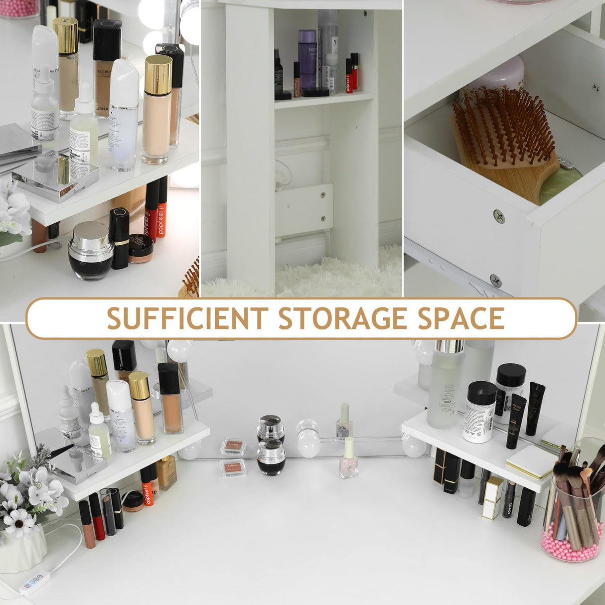 elifine Vanity Desk with Mirror and Lights, Makeup Corner Vanity with 5 Storage Drawers Shelves and 3 Dimmable Lighting Options and Vanity (White) elifine