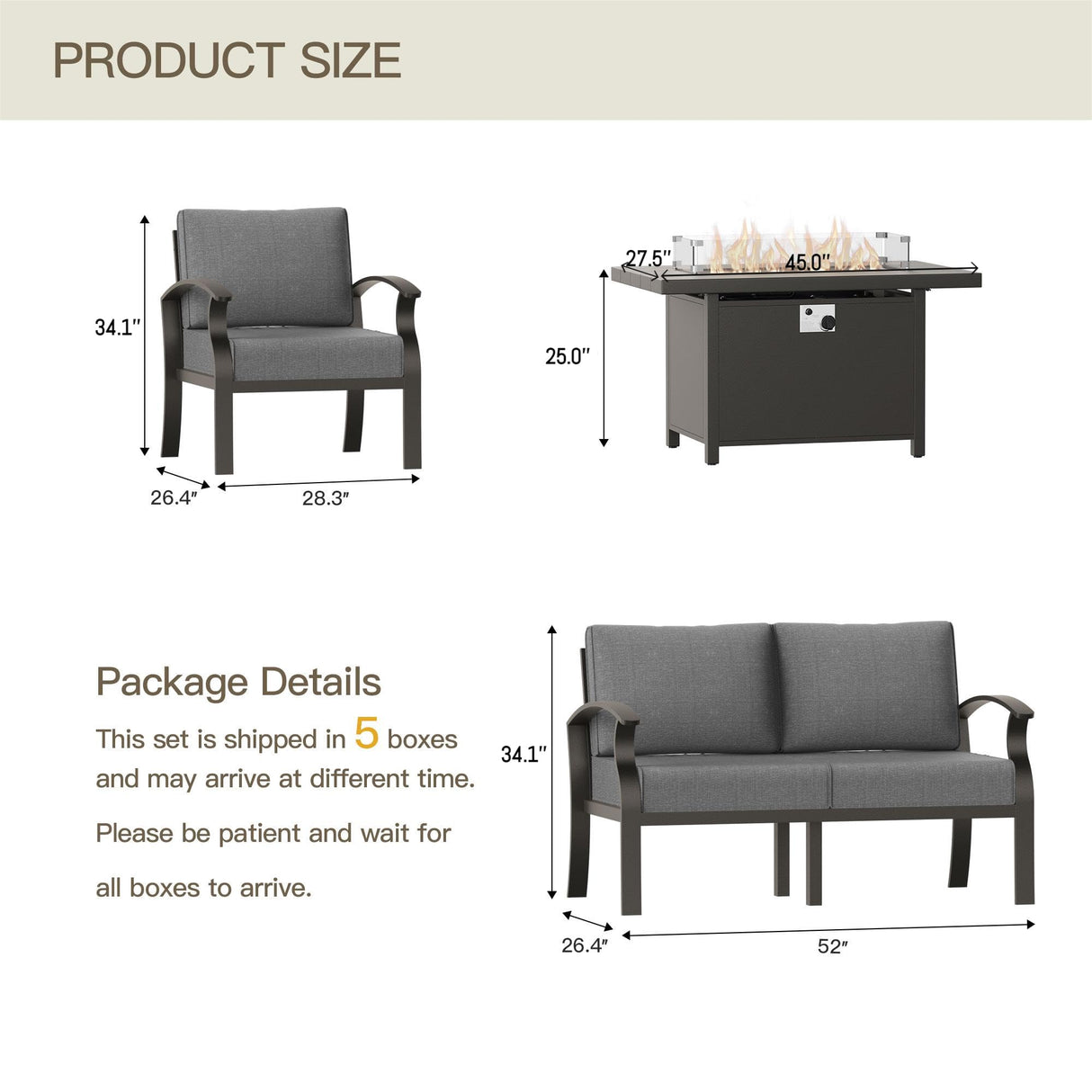 Trumbeak Aluminum Patio Furniture Set with 55,000 BTU Propane Fire Pit Table,6 Seats Metal Modern Outdoor Furniture w/5.1" Cushions,Patio Sectional w/Fire Pit for Patio,Backyard,Grey Trumbeak