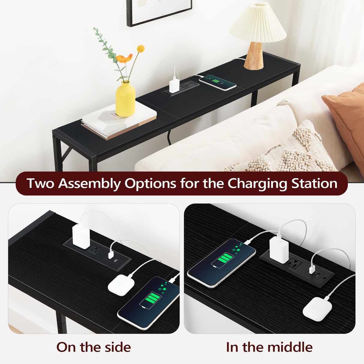 MAHANCRIS Sofa Table with Power Outlet, 43.7" Console Table with USB Ports, Behind Couch Table, Entryway Table for Living Room, Entryway, Foyer, Metal Frame, Adjustable Feet, Black CTHB11E01 MAHANCRIS