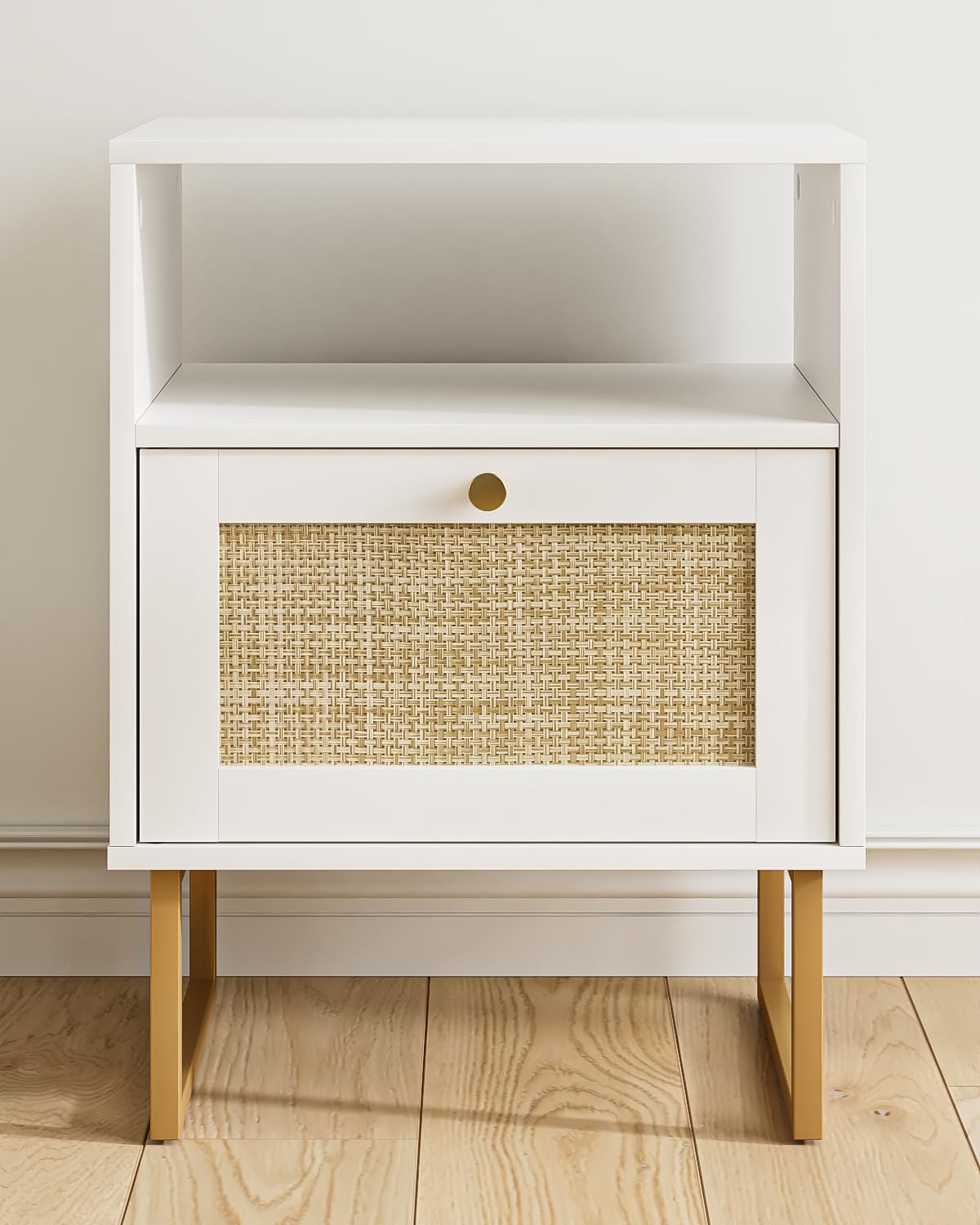 Acodaiuy Rattan Nightstand, Boho Night Stand Wood Farmhouse Bedside Table with Storage, End Side Accent Table for Bedroom,Living Room,White Acodaiuy