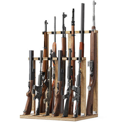 Emfogo Gun Rack, Heavy-Duty Wooden Rifle Rack Stand, Freestanding Indoor Gun Racks Hold up to 12 Long Guns, Gifts for Dad, Husband (Rustic Brown)