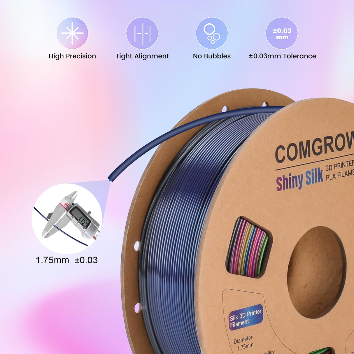 Comgrow Rainbow Colors Silk PLA 3D Printer Filament, Rainbow PLA Filament 1.75mm, Dimensional Accuracy +/- 0.02 mm, 1KG Spool, Coextrusion 3D Filament with Shiny Silk Rainbow Red Comgrow