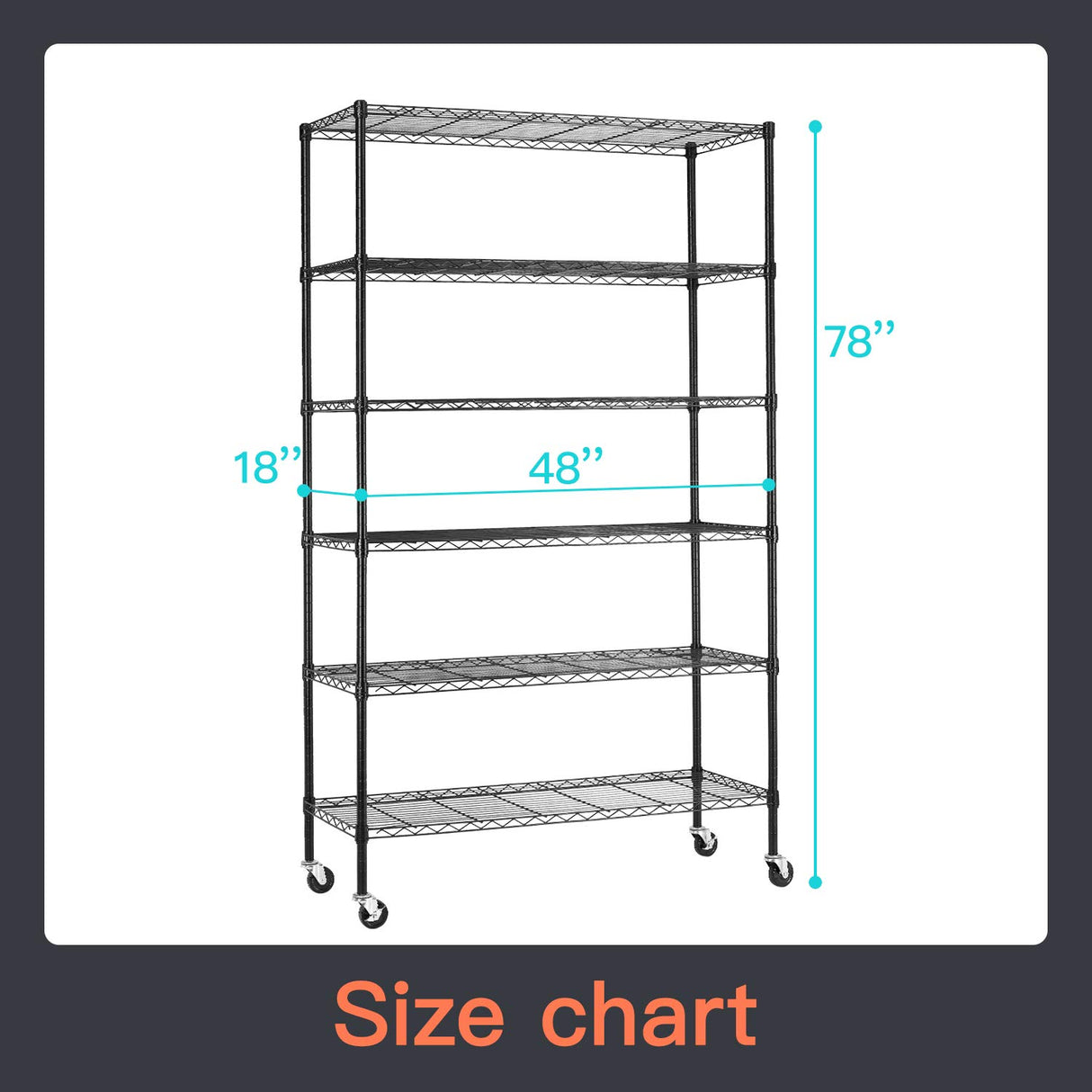 Commercial Wire Shelving Unit Metal Shelf Casters Adjustable Layer Rack Strong Steel for Restaurant Garage Pantry Kitchen Garage (48×18×72, Black) BestOffice