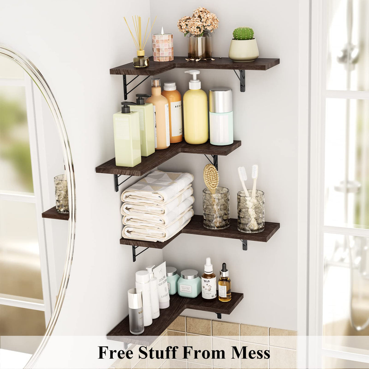 Love-KANKEI Corner Shelf Wall Mounted,Floating Wall Shelves for Storage,Rustic Wood Hanging Shelves for Display,Bedroom Bathroom Living Room Kitchen,Set of 4, Dark Brown Love-KANKEI