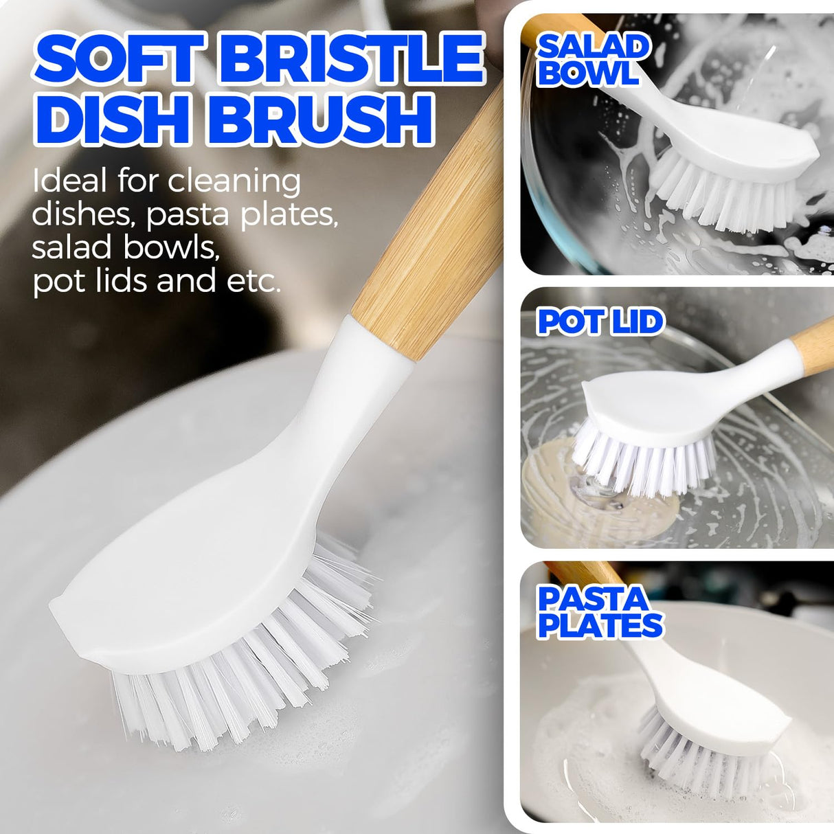 Holikme 3 Pack Dish Brush Set with Bamboo Handle, Kitchen Cleaner for Cleaning Pot, Sink and Stove, Skillet Scrubber with Tough Bristles for Cast Iron Grill Pan, Yellow White Black Holikme