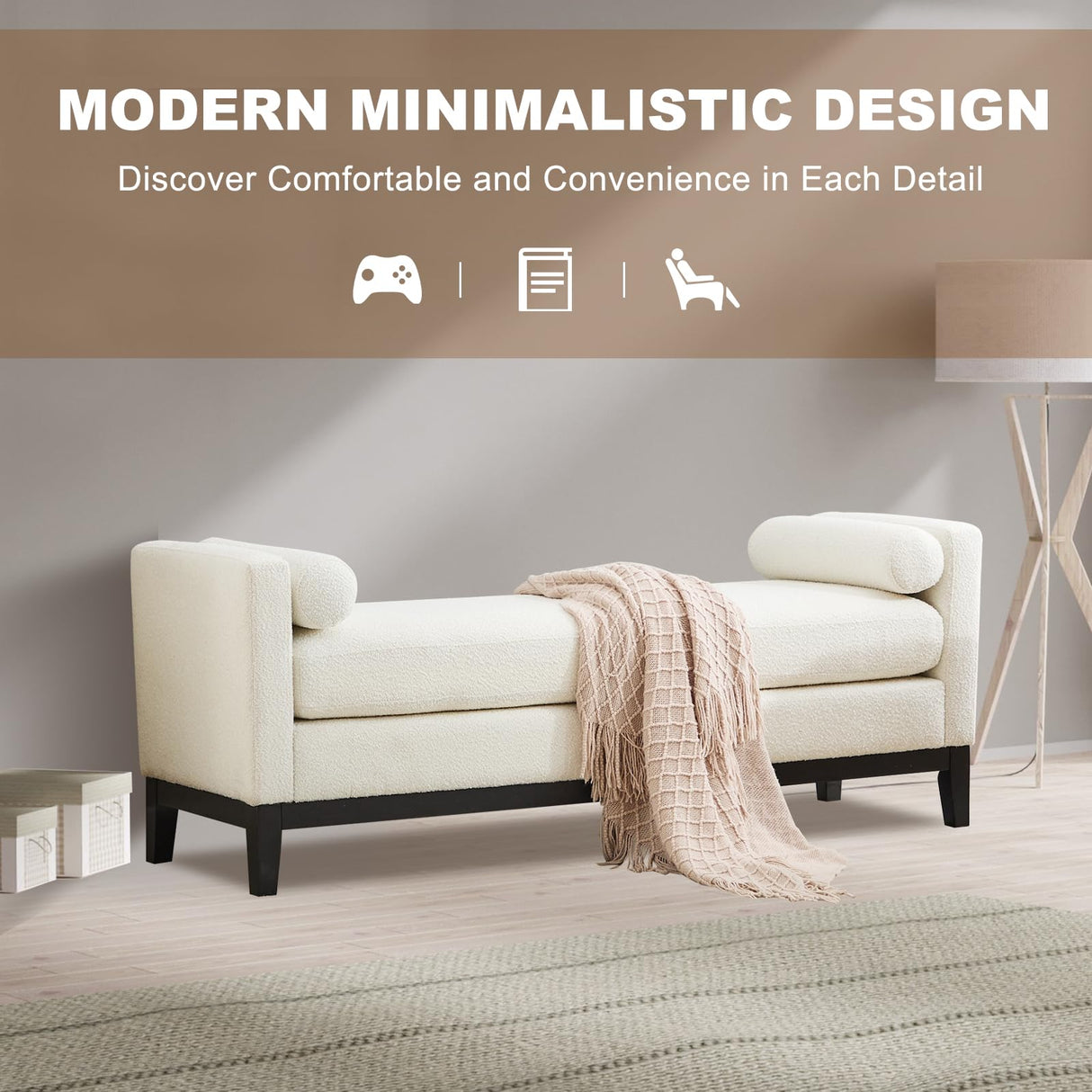 66.34 Inch End of Bed Bench, Upholstered Bedroom Ottoman Bench with Wood Legs, Elegant Ottoman with Bolster Pillows, Soft Fabric, for Living Room, Bedroom, End of Bed - Ivory WCFI