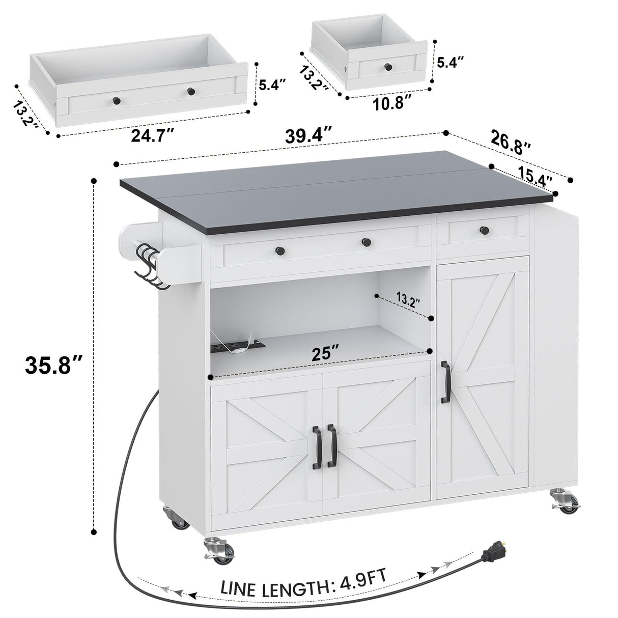 Kitchen Island with Drop Leaf, Rolling kitchen island with power outlet and Led Light, Kitchen Island with Storage Cabinet, Spice Rack, Drawer, Towel Rack, kitchen island on wheels for Dinning Room Aufvolr