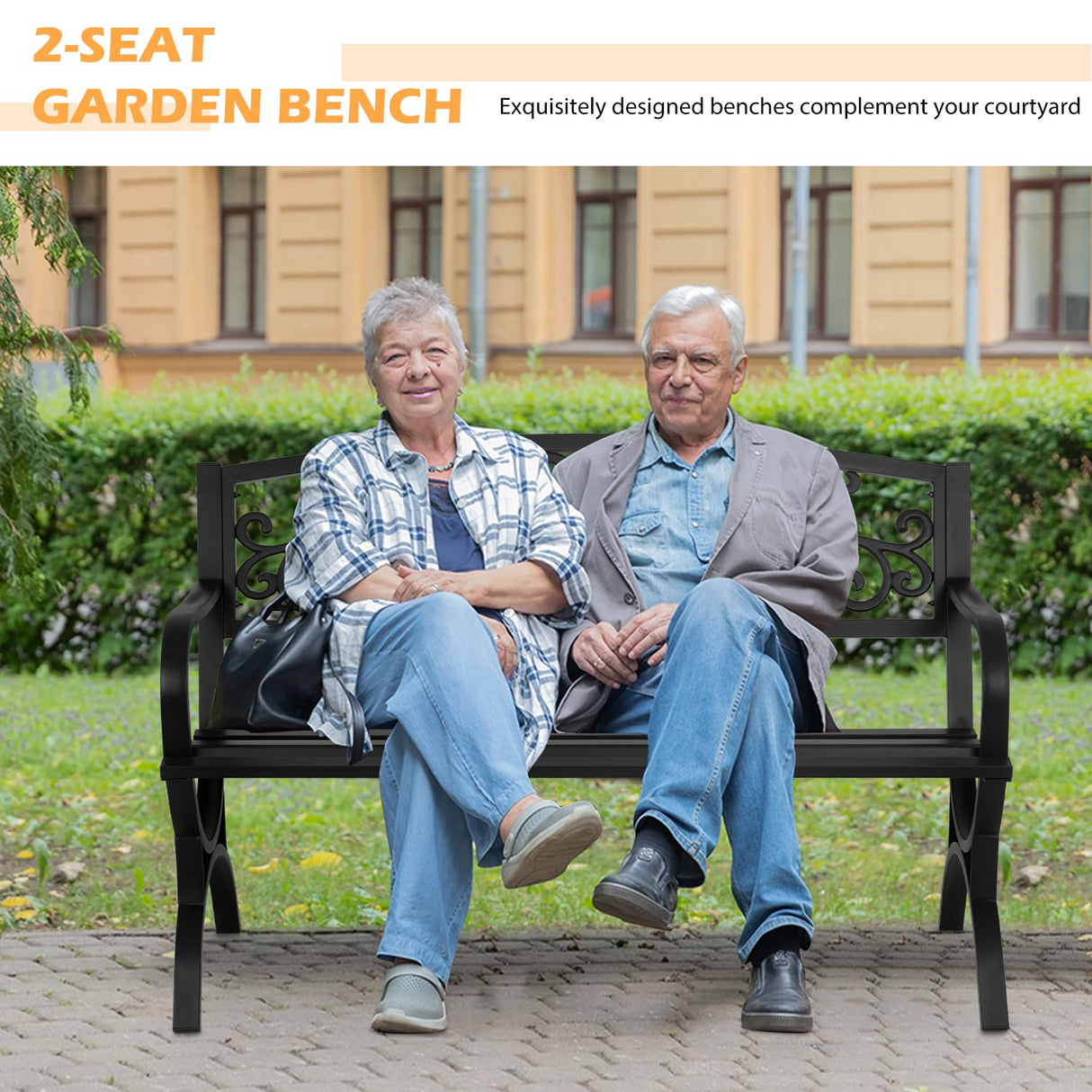 PayLessHere Black Outdoor Metal Loveseat Chairs Patio Garden Bench 50-inch Slatted Seat Armrests Floral Design Plastics Backres Perfect for Park, Yard, Porch, Lawn, Balcony, Backyard PayLessHere