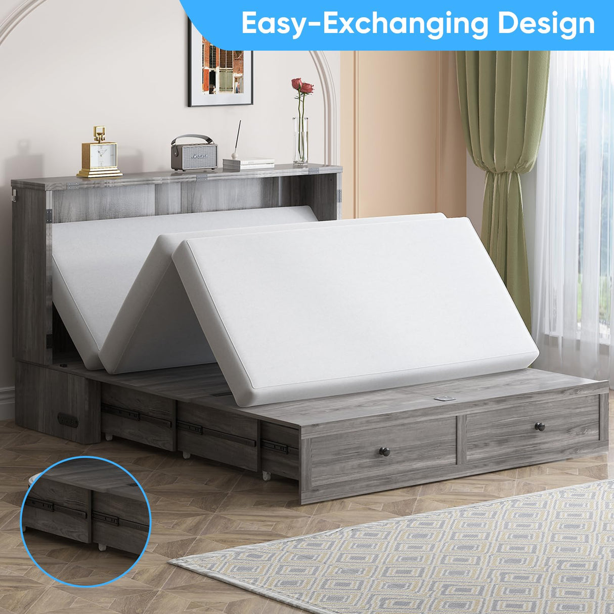 Mjkone Murphy Bed Full Size Cabinet with Tri-Fold Memory Foam Mattress, USB Charging Station, Farmhouse Wood Space-Saving Hidden Folding Chest Cabinet Bed for Guest Room Apartment, Gray Mjkone