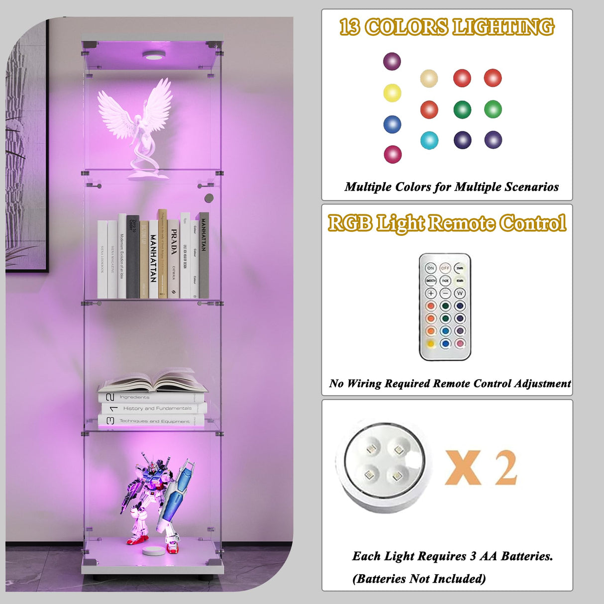 lunhung 4-Shelf Glass Display Cabinet with LED Lights & Lock, Glass Curio Cabinet w/Tempered Glass Single Door, Collection Display Case Bookshelf for Living Room 64.7" Hx 16.7" Wx 14.3" D(White) lunhung