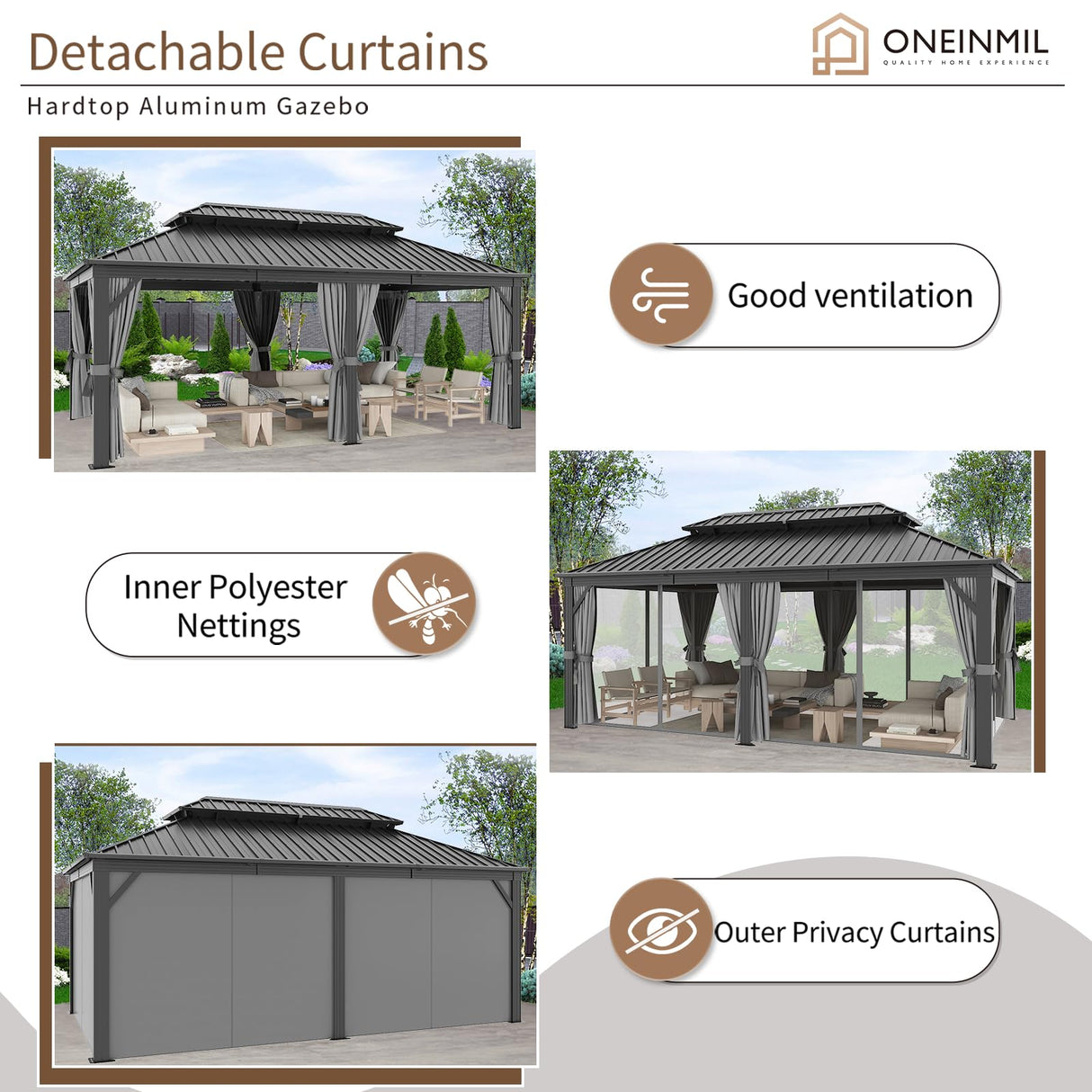 oneinmil 12' X 20' Hardtop Gazebo, Galvanized Steel Double Roof, Aluminum Metal Gazebo with Curtains and Netting, Permanent Gazebo Pavilion for Gardens, Decks, Patios oneinmil