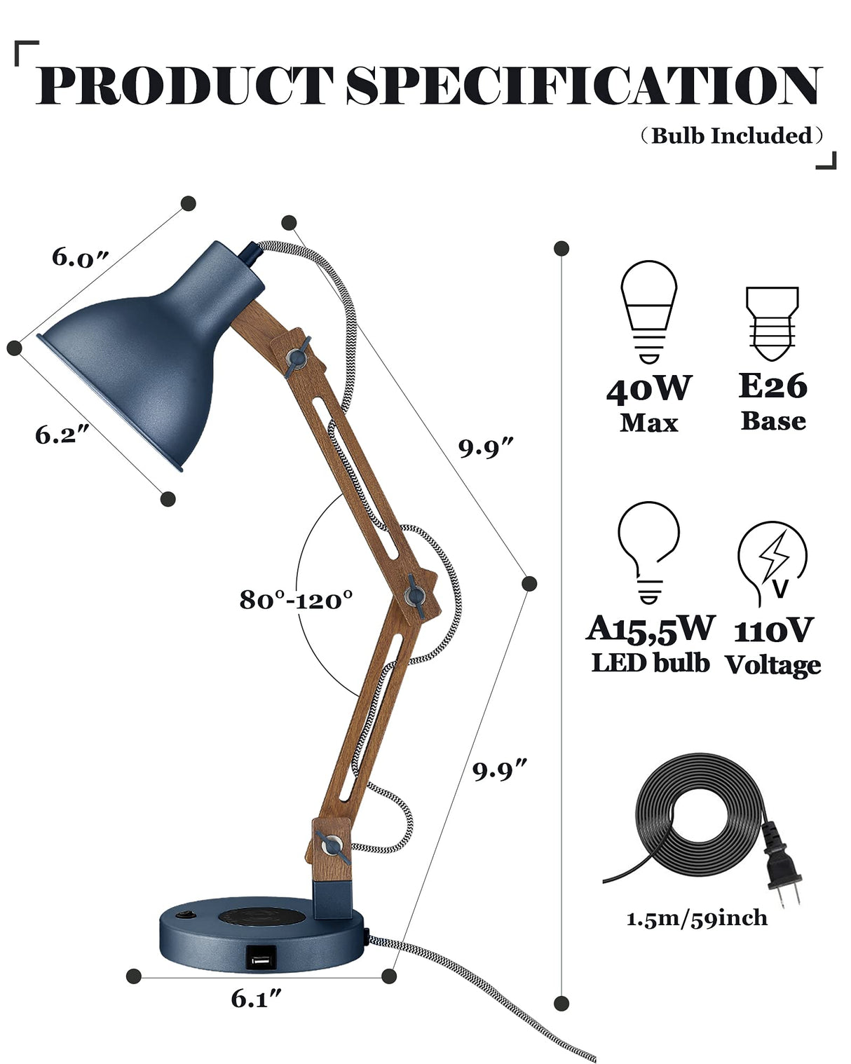ELYONA Sapele Wood Desk Lamp with Upgraded Wireless Charger, Swing Arm Table Lamp with USB C Charging Port, Reading Task Light for Bedroom, Dorm, Office, Living Room, LED Bulb Include, Modern Blue ELYONA