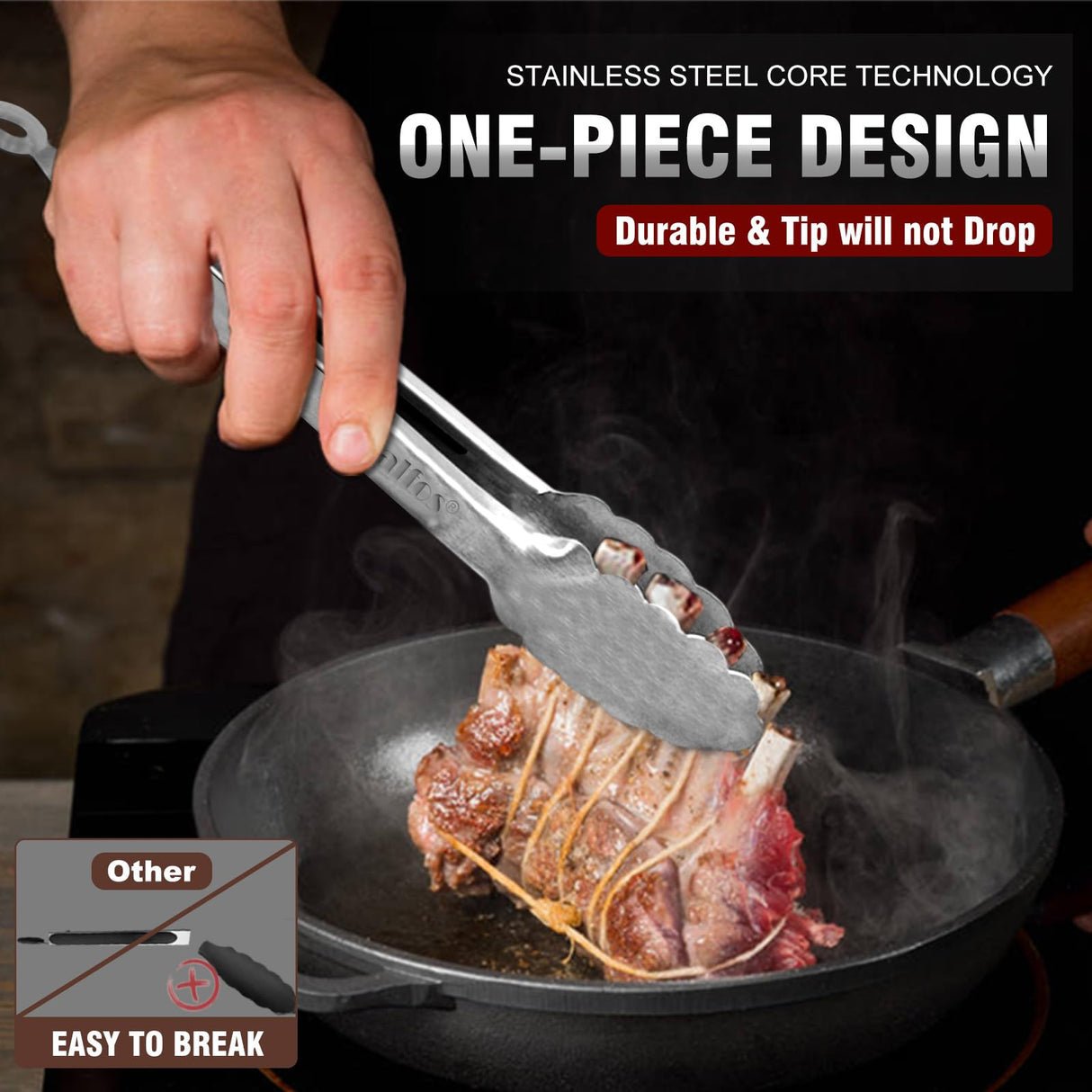 Walfos Kitchen Tongs for Cooking, 600℉ Heat Resistant Stainless Steel Tongs, All Metal Heavy Duty Tongs For Food,BBQ Grilling - 7 ,9 and 12 Inch,Set of 3 Walfos