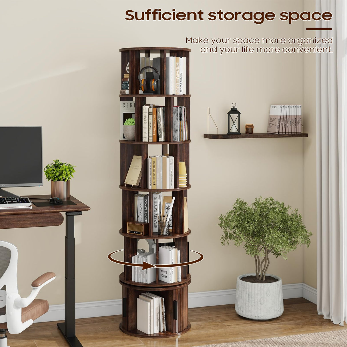 Vabches 6-Tier Rotating Bookshelf, Round Revolving Bookcase Organizer, 360° Spinning Book Shelf Tower, Rolling Bookshelves for Small Spaces, Living Room, Bedroom, Study, Office, Walnut Vabches