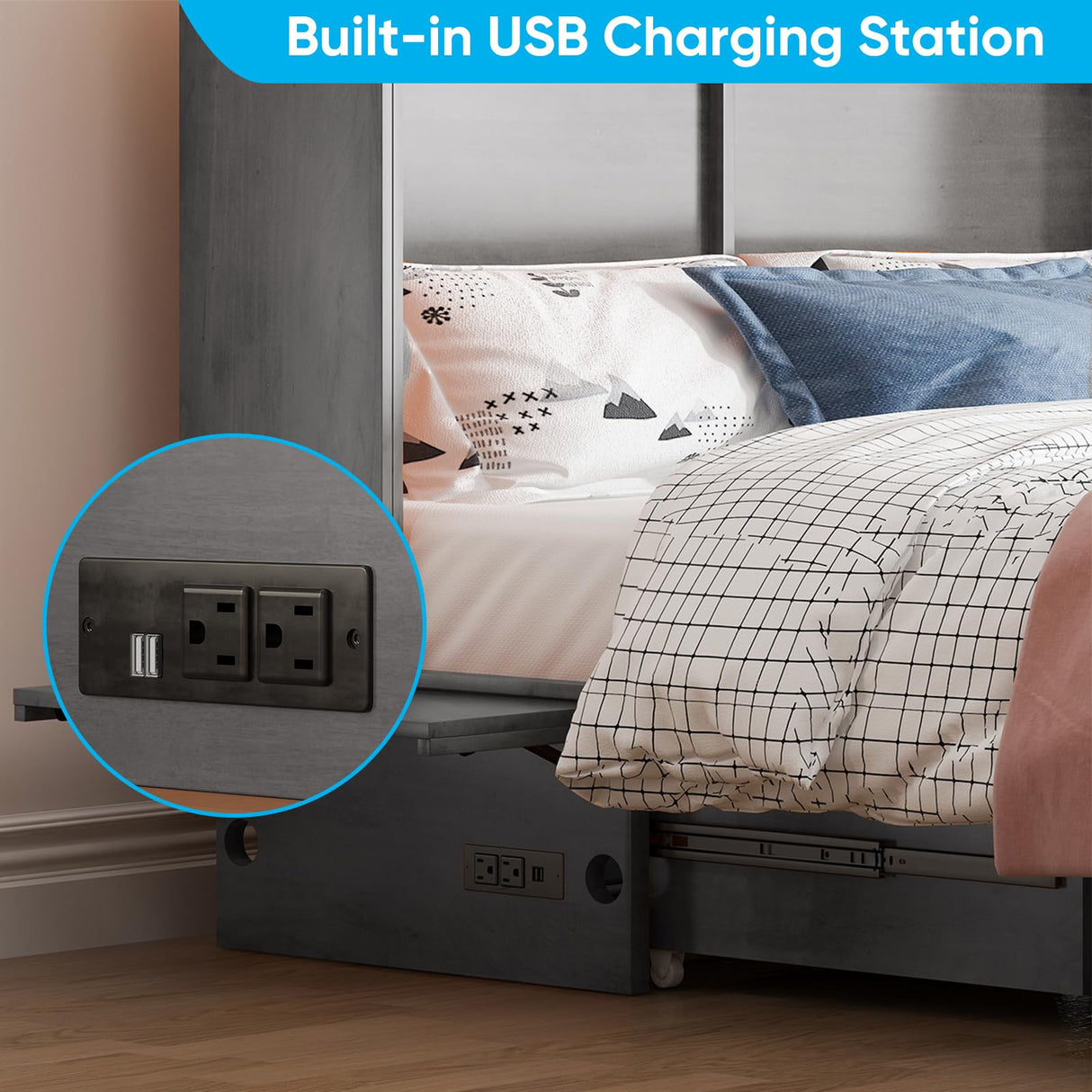 Mjkone Queen Murphy Bed Cabinet, Hidden Adult Guest Bed with Built-in USB Charging Station, 2 Large Drawers, Bedside Panel, Murphy Cabinet Chest Beds for Guest Room, Bedroom, NO Mattress - Grey Mjkone