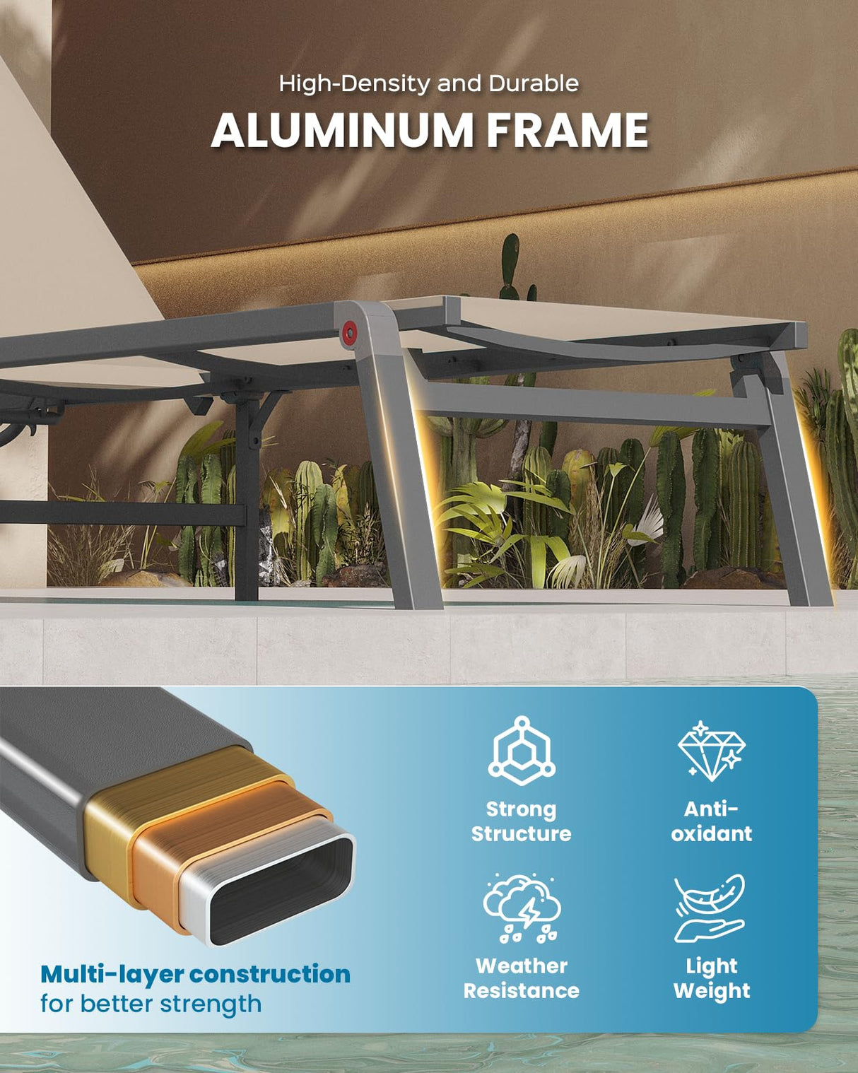 Vexwalx Chaise Lounge Outdoor, Foldable Aluminum Pool Lounge Chairs with 5 Positions Recliner - Free Assembly - Patio Chaise Lounge Chair for Poolside, Beach, Yard (Khaki) Vexwalx